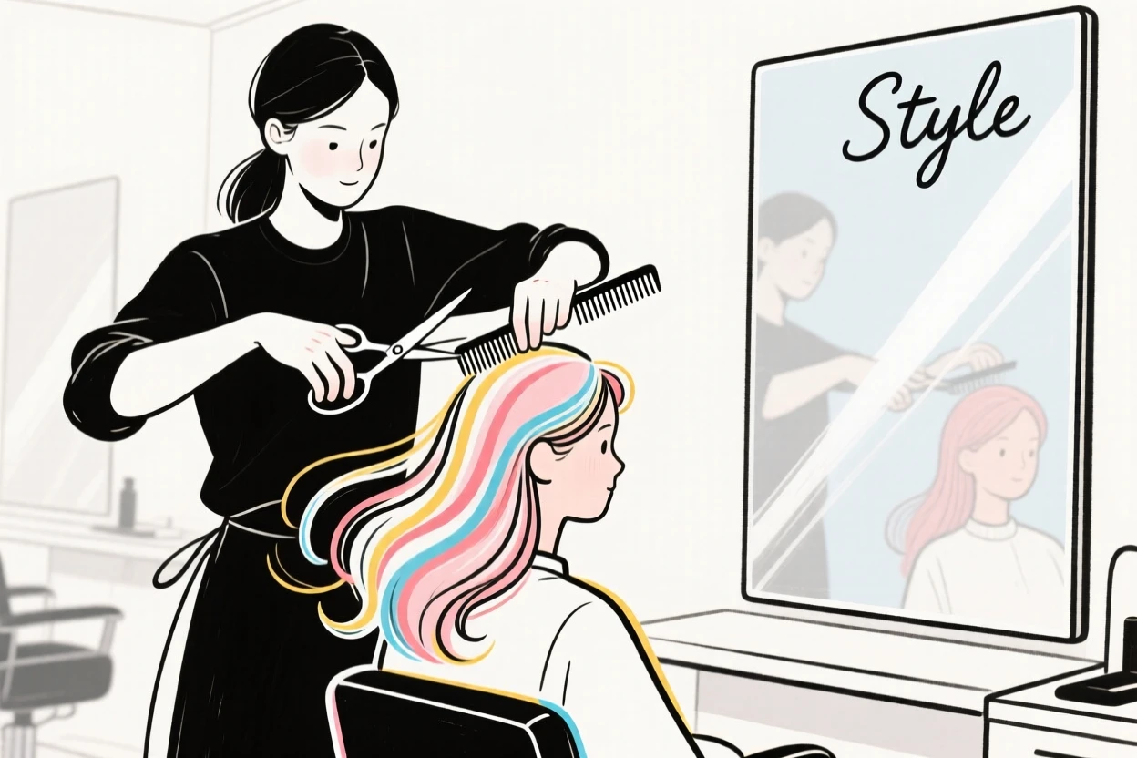 A hairstylist trimming a client's hair in a bright salon.