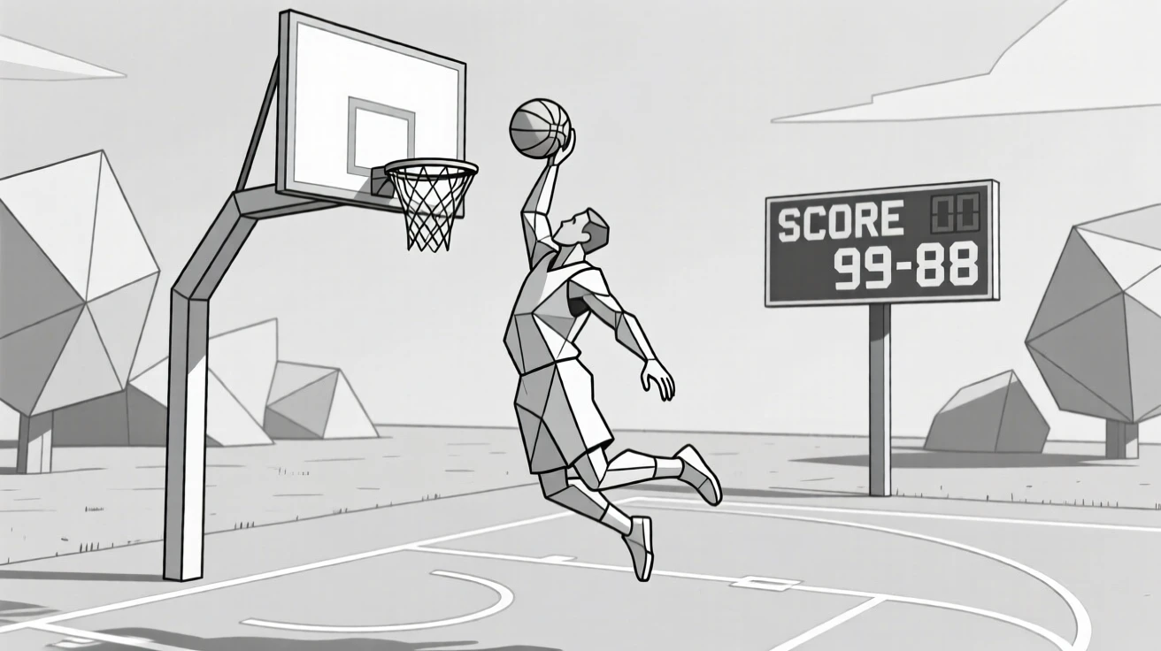 A basketball player mid-dunk on an outdoor court