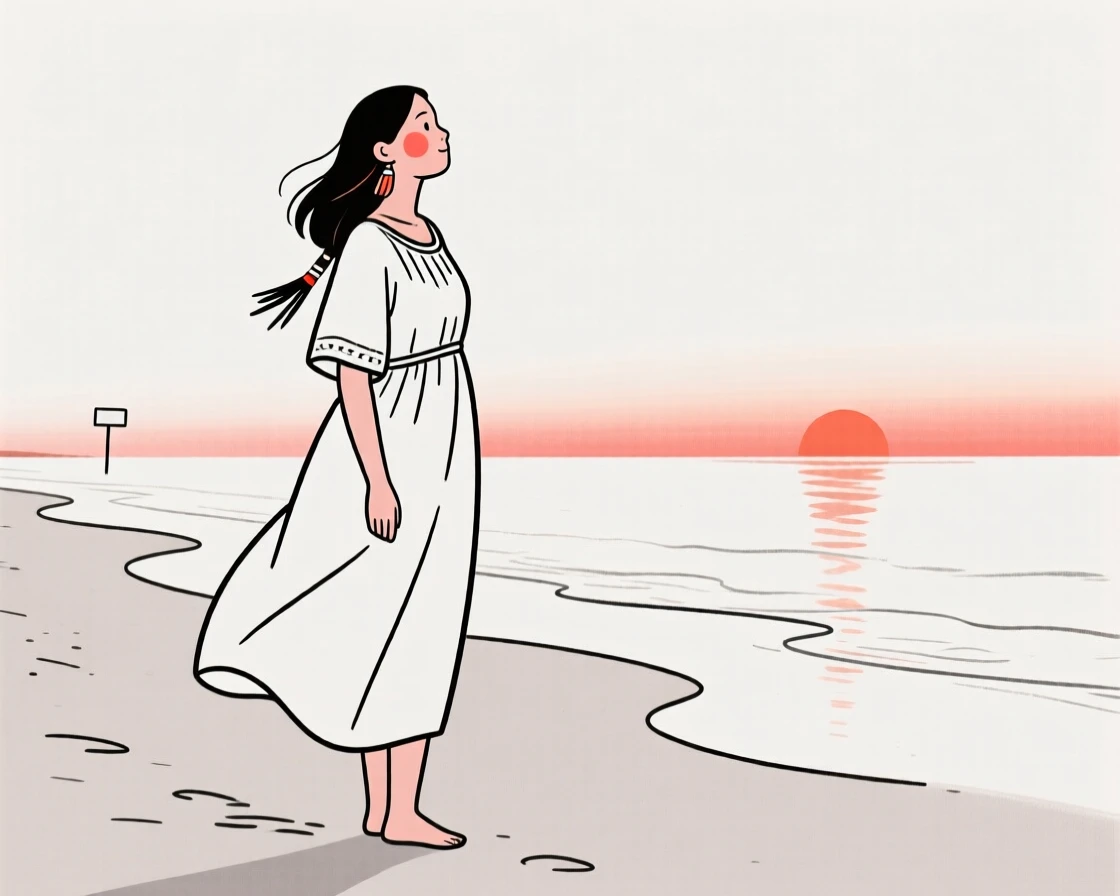 A woman in her thirties of Native American heritage in a flowing bohemian dress, looking hopeful toward the horizon, on a sandy beach at sunset.