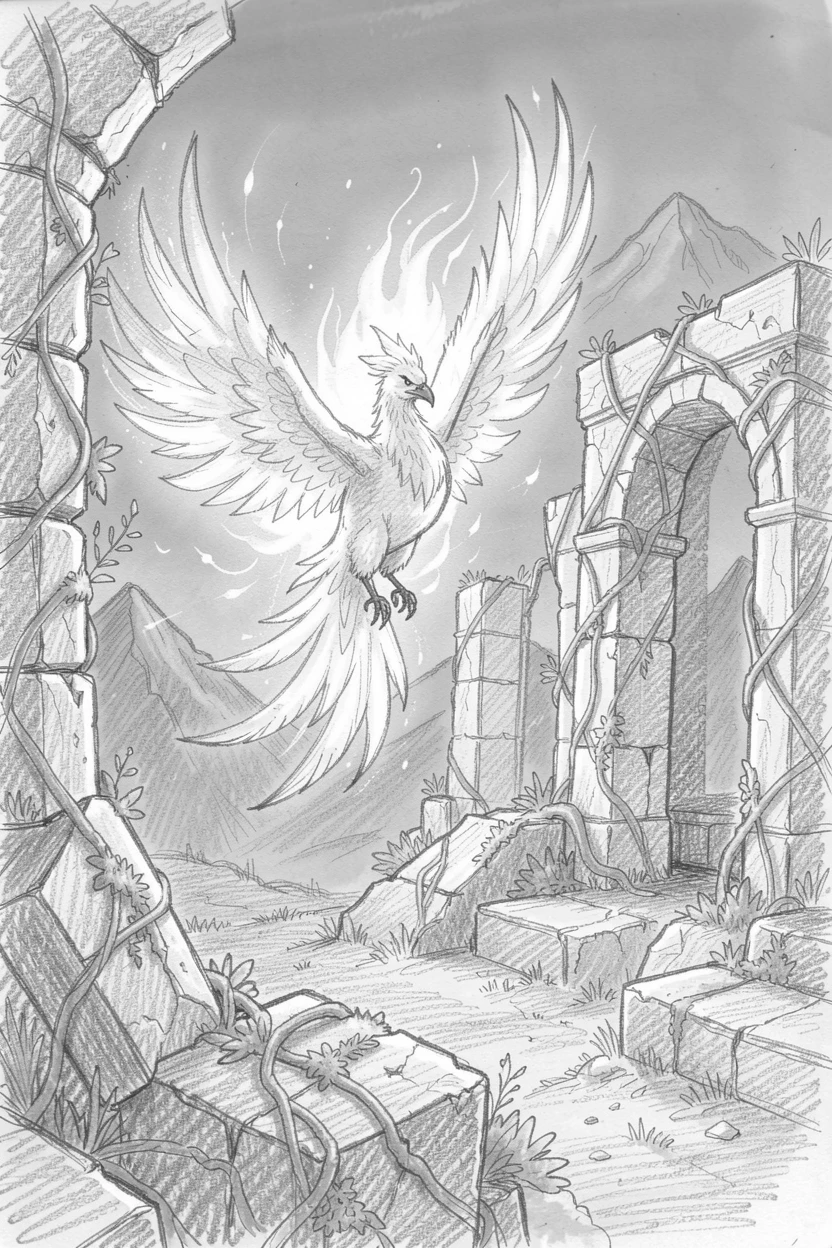 A magical, imaginative vision of a phoenix rising in a burst of flame amid ancient ruins overtaken by nature, with distant mountains glowing violet in the twilight.