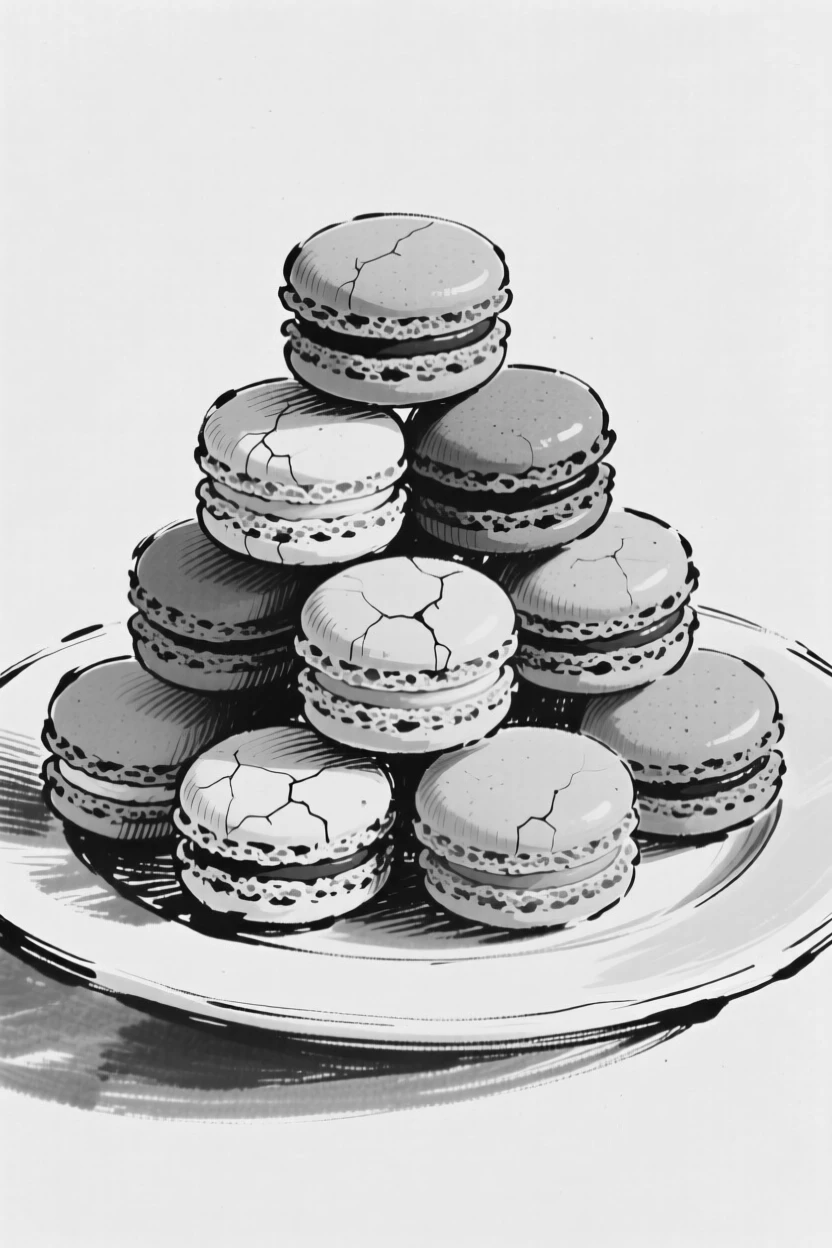 A plate of colorful macaroons stacked in a delicate pyramid.