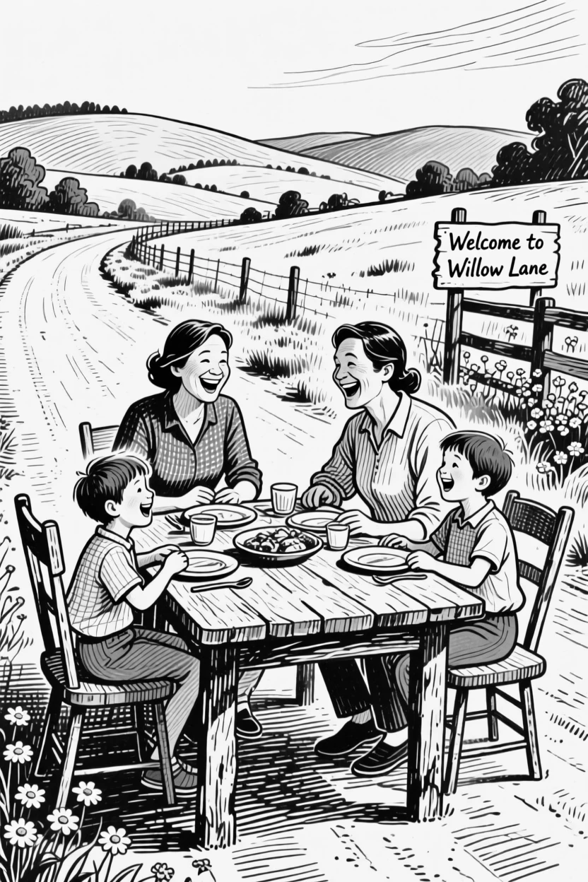 A family gathered around a dinner table on a quiet countryside road, with genuine laughter caught mid-moment, creating a full of gentle warmth lifestyle scene.