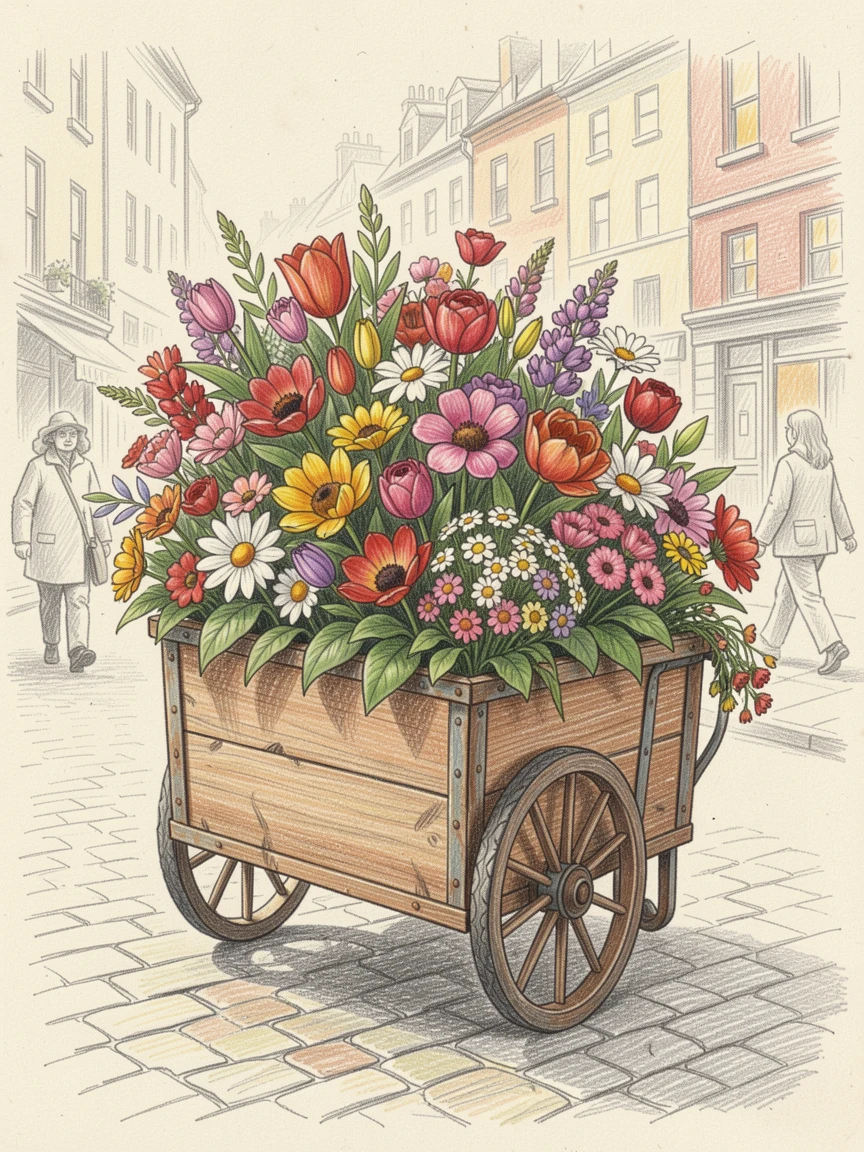 A rustic flower cart brimming with fresh blooms on a city corner, framed thoughtfully to draw the eye toward the central subject, celebrating a moment people would love to revisit.