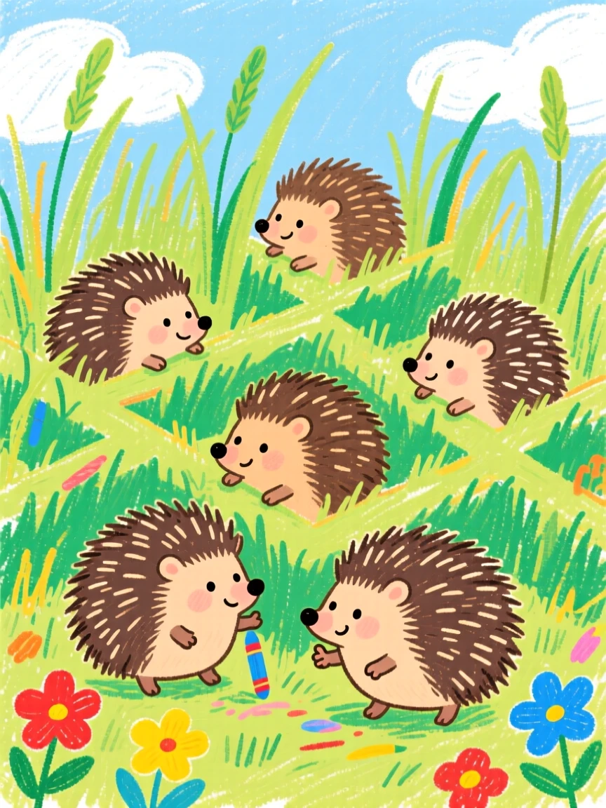 A group of hedgehogs exploring a garden maze of tall grass.