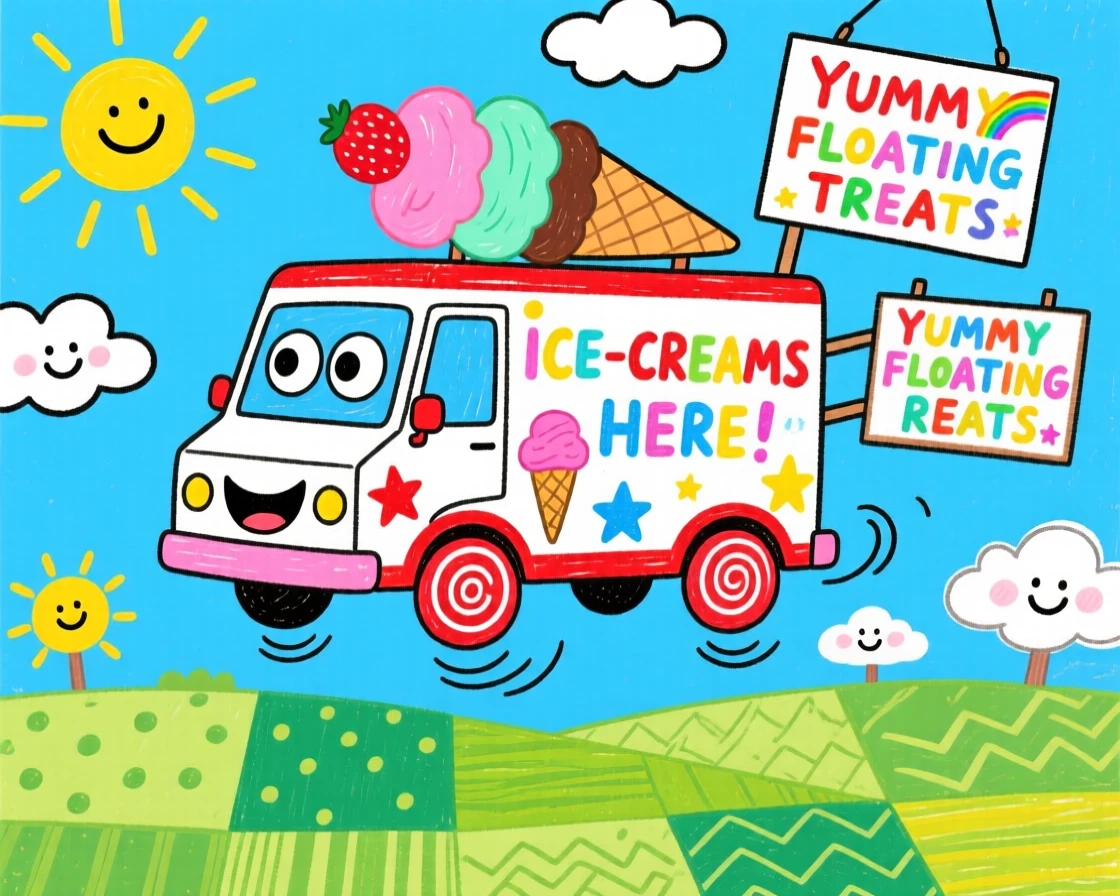 A cheerful ice cream truck floating above a patchwork of green fields.