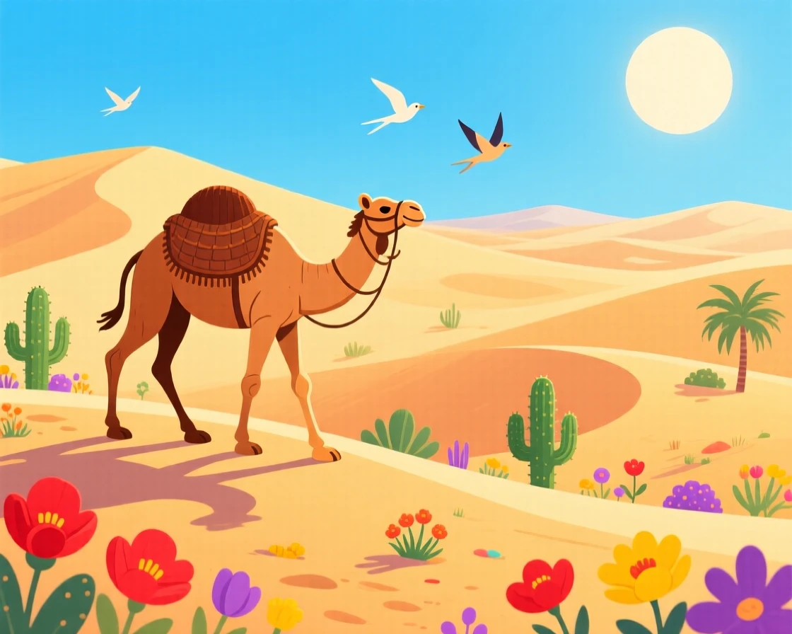 A camel trekking across vast golden desert dunes, surrounded by a lively, colorful atmosphere, composed with a postcard-worthy balanced perspective, with a joyful, adventurous atmosphere.