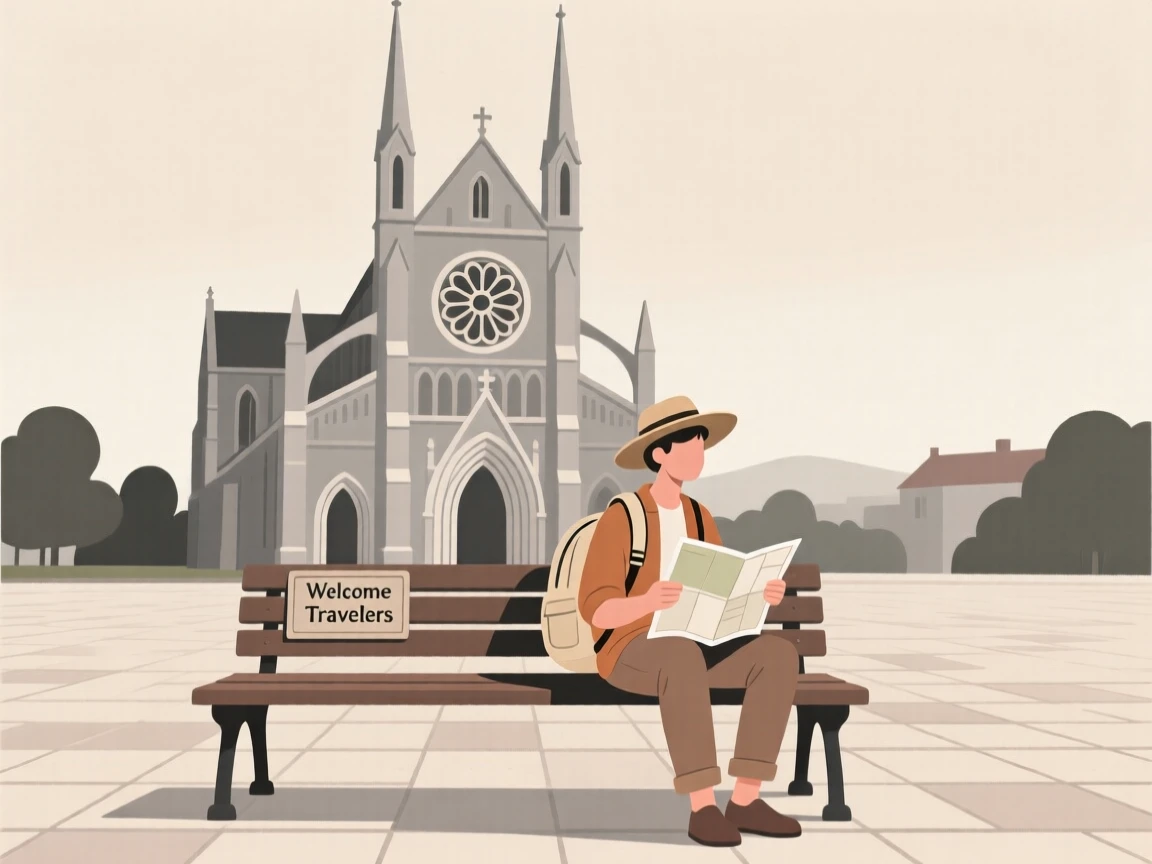 A traveler resting on a bench near a historic cathedral.