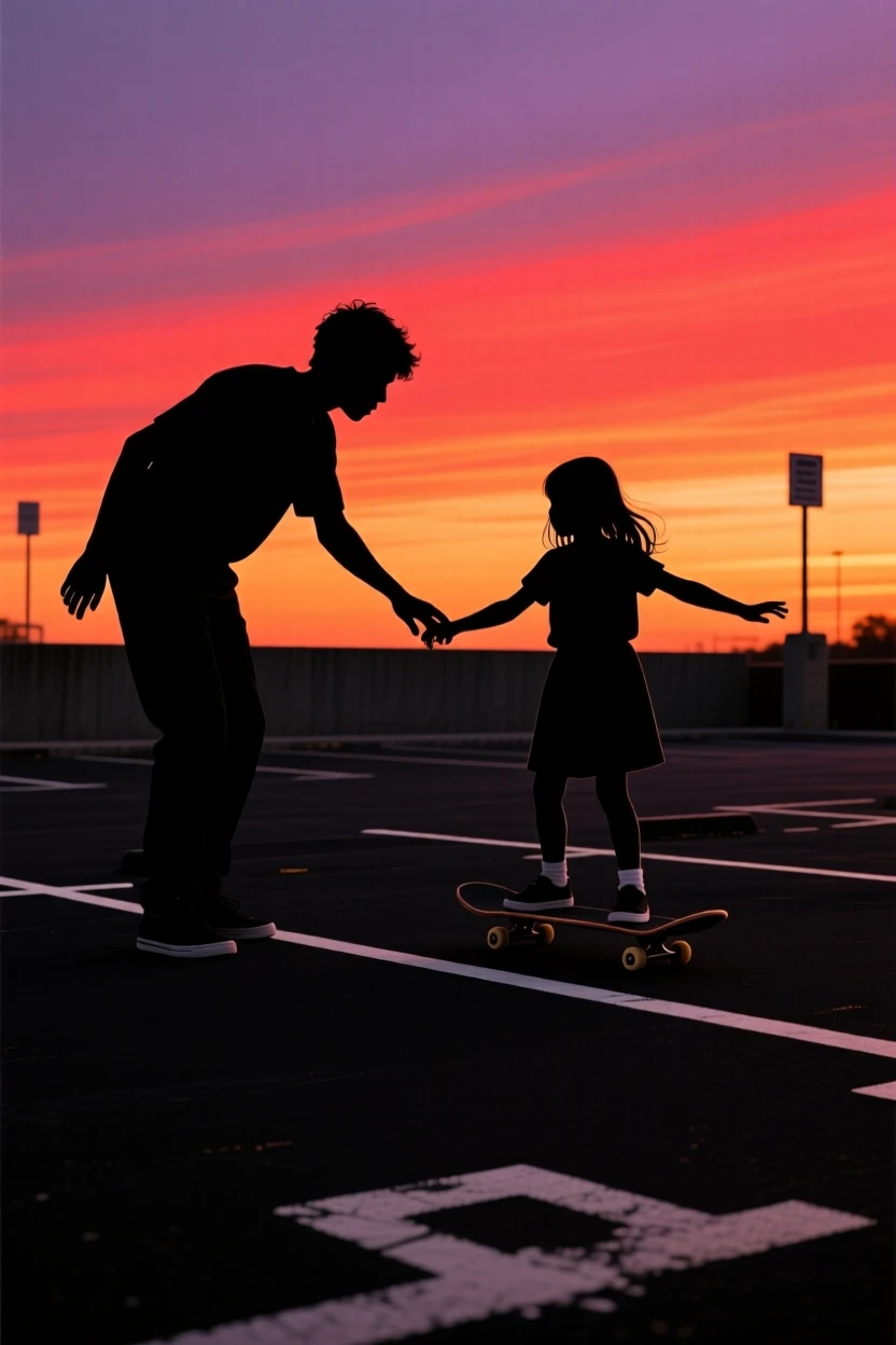 A brother teaching his younger sister to skateboard in an empty parking lot.
