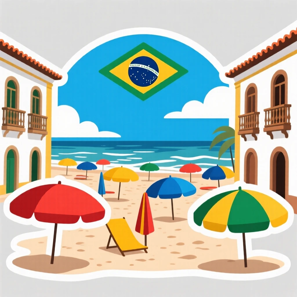 A vibrant and inviting Brazilian beach with colorful umbrellas, framed by traditional architecture, in a moment worth remembering forever.