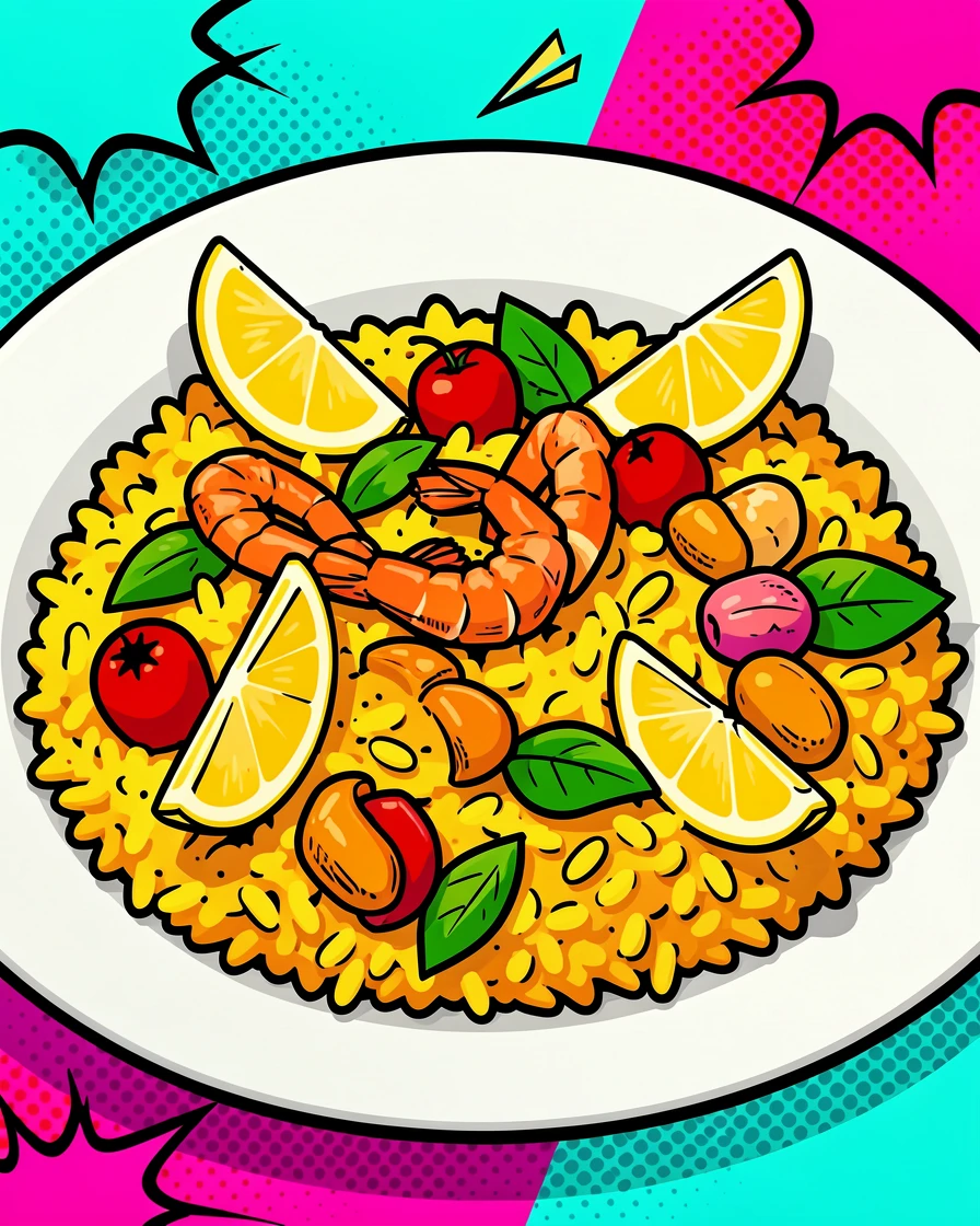 A plate of paella garnished with lemon wedges photographed up close in soft natural light