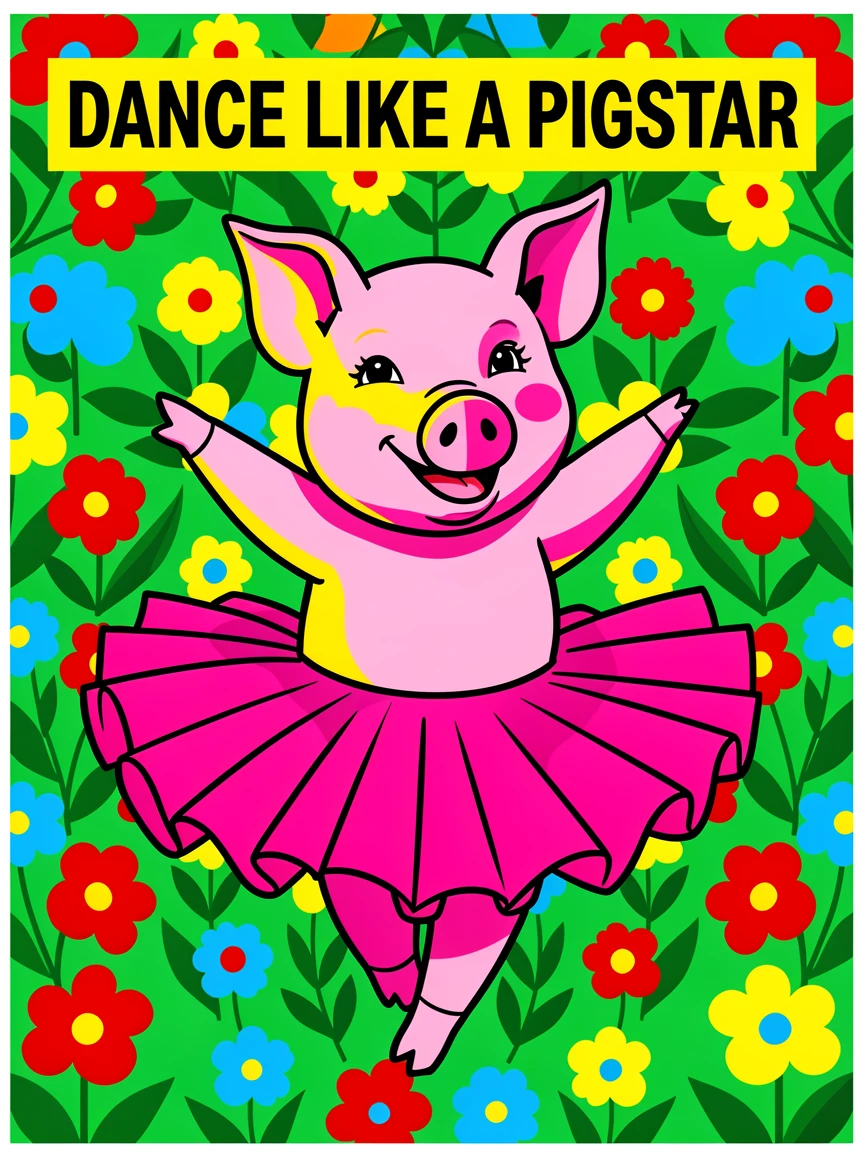 Pig wearing a tutu dancing in a garden