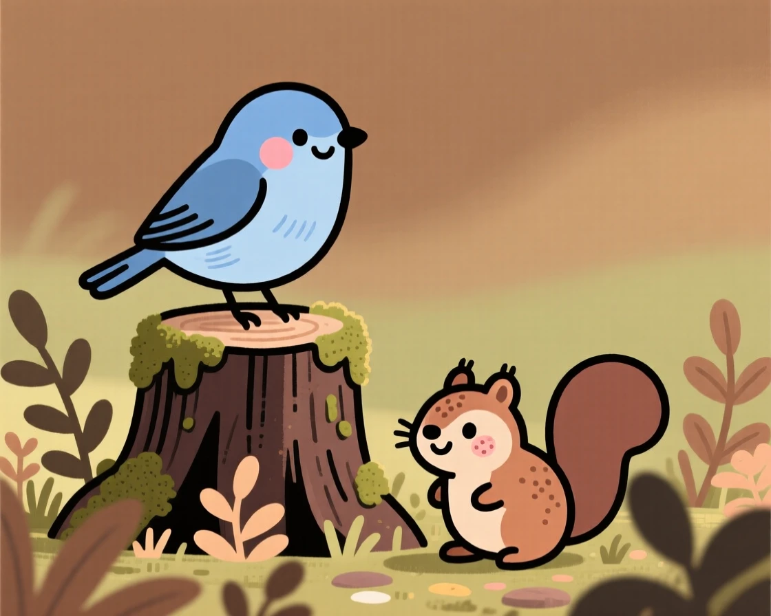 A bluebird perches on a mossy stump, singing softly while a chipmunk moves quietly through the garden bed below.
