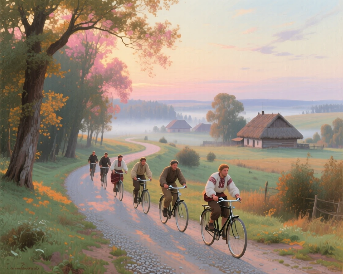A panoramic view of a group of cyclists pedaling along a tree-lined countryside lane, in a Ukrainian village, just after sunrise.