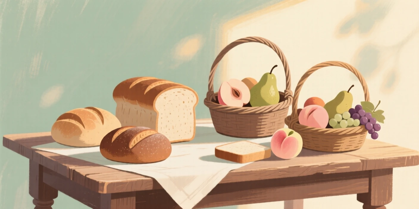 A rustic table with loaves of bread beside baskets of fresh fruit