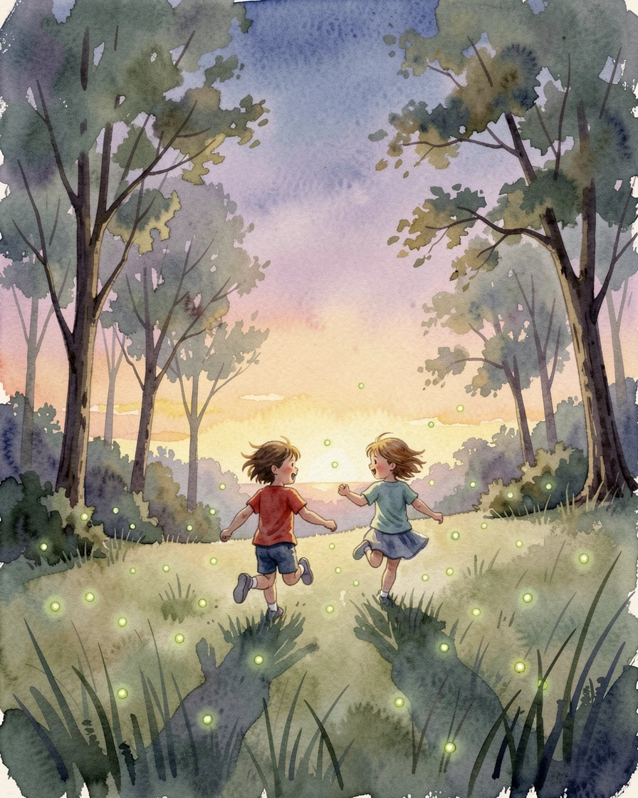 Children chasing fireflies at dusk with a gentle breeze rustling nearby trees.