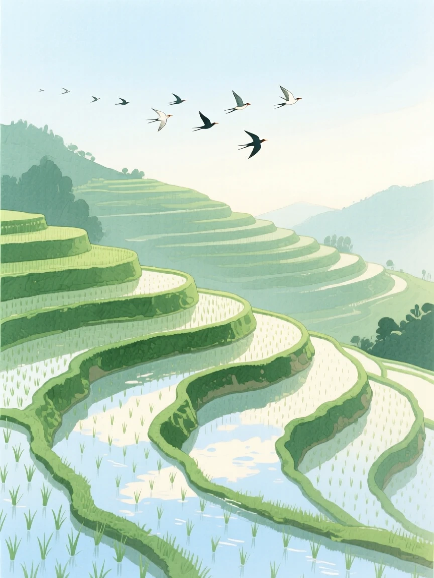 A serene view of a tranquil rice terrace, as birds glide silently overhead, evoking calm and quiet reflection
