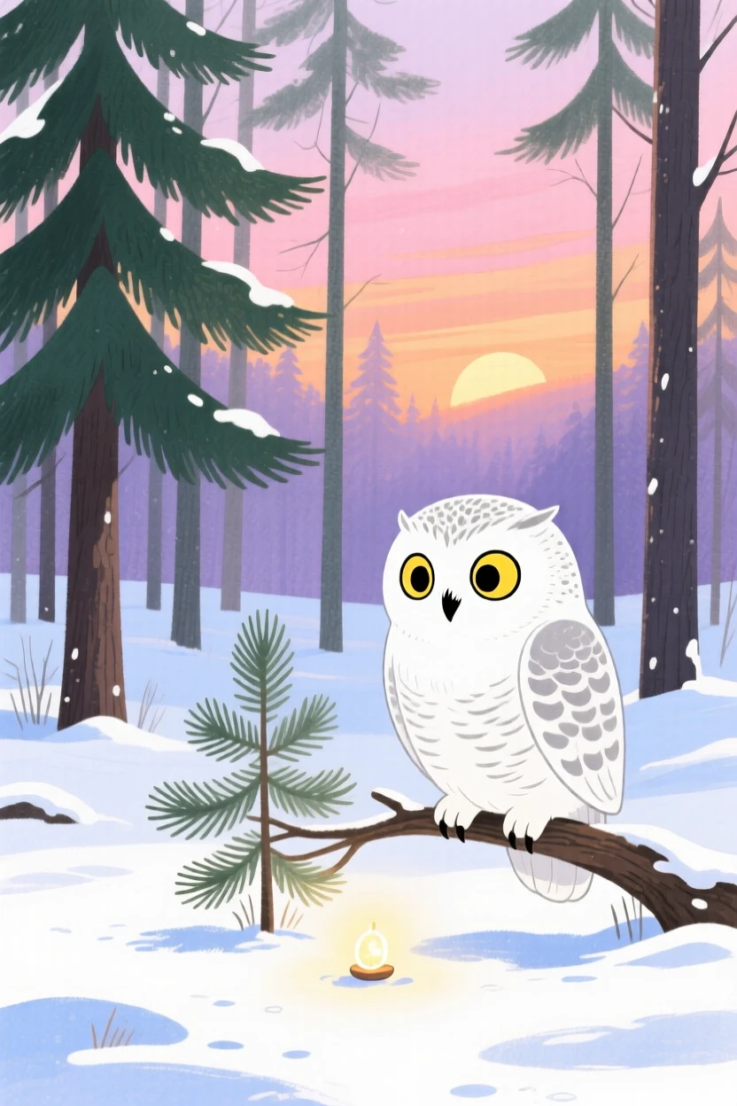 A snowy owl discovering something new in a quiet forest clearing at sunset.