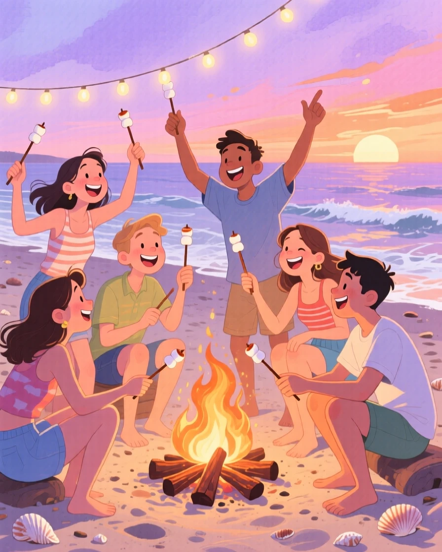 Friends roasting marshmallows around a summer bonfire, in a beach at dusk with string lights swaying, with laughter and smiles caught mid-celebration, evoking the warmth of summer friendship.