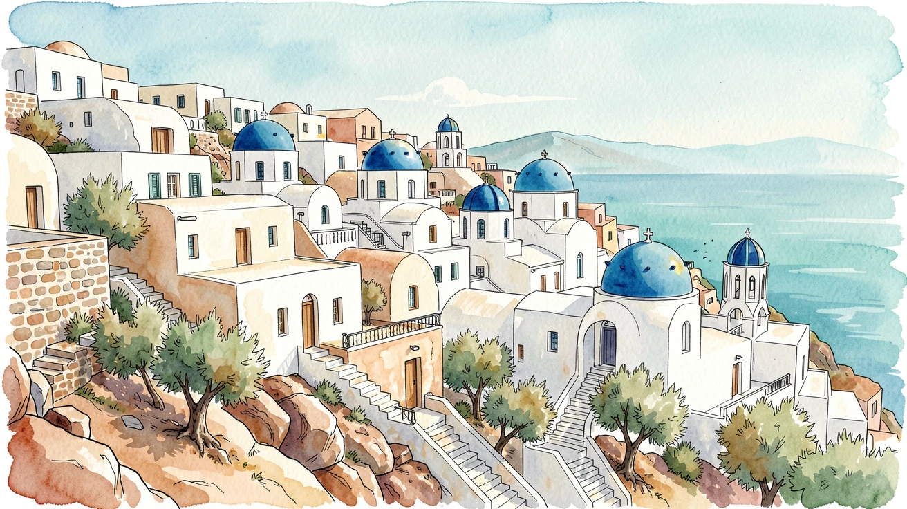 A hillside town in Santorini with white buildings and blue domes overlooking the sea, warm afternoon light settling over the weathered stone and rooftops.