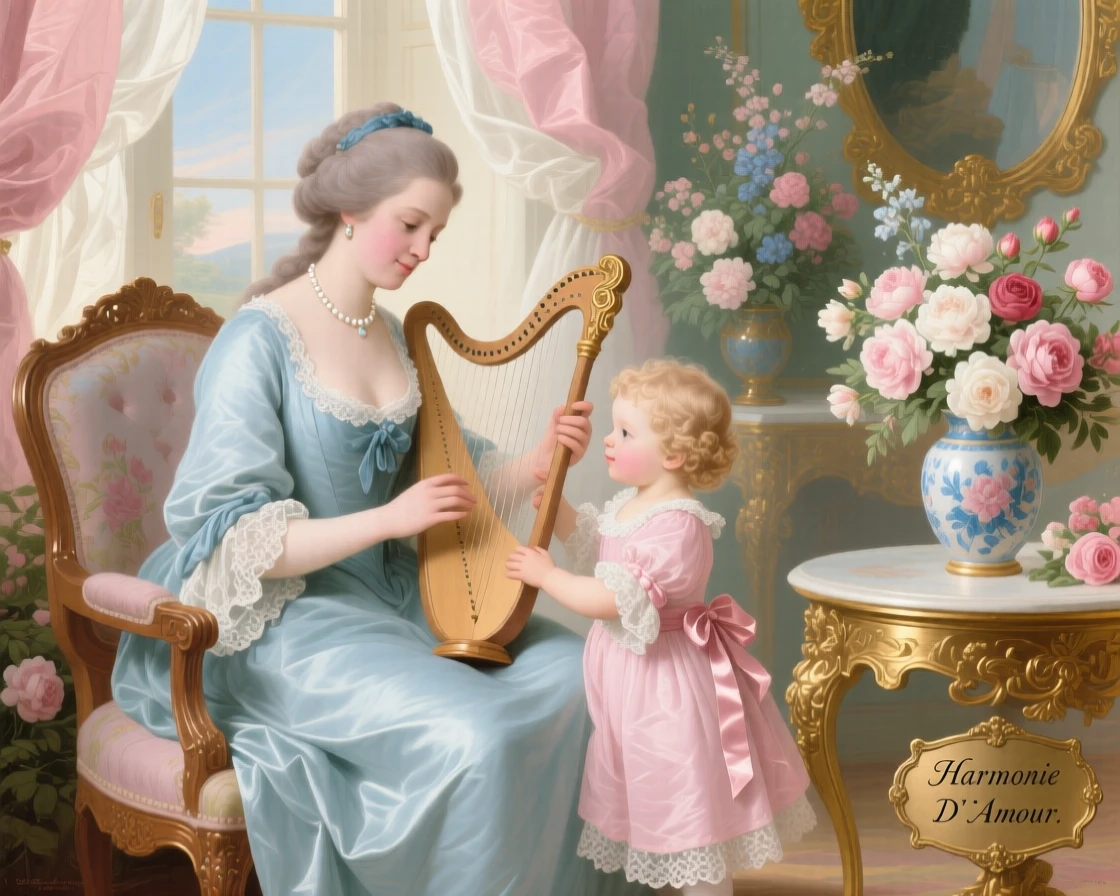 A mother teaching her child to play a small harp  