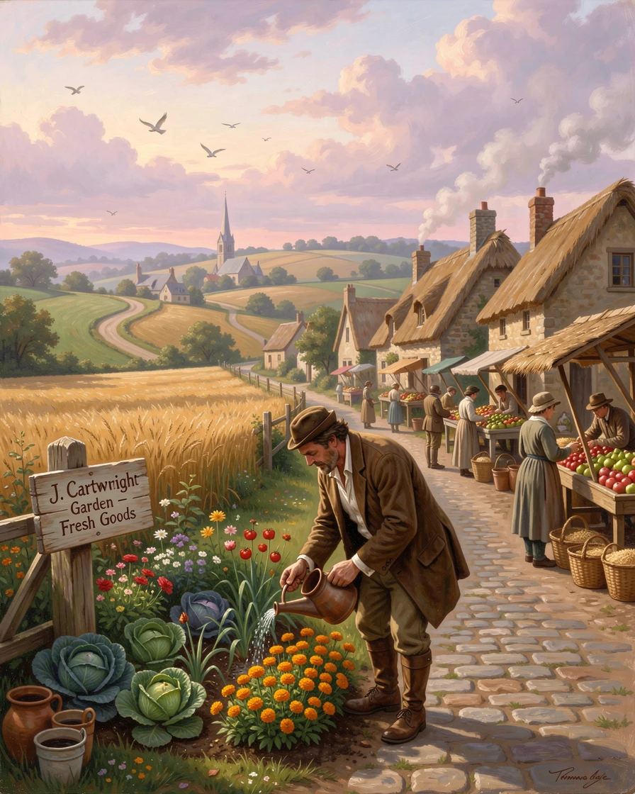 A traveling merchant tends his garden in a village nestled among rolling farmland as market day begins.