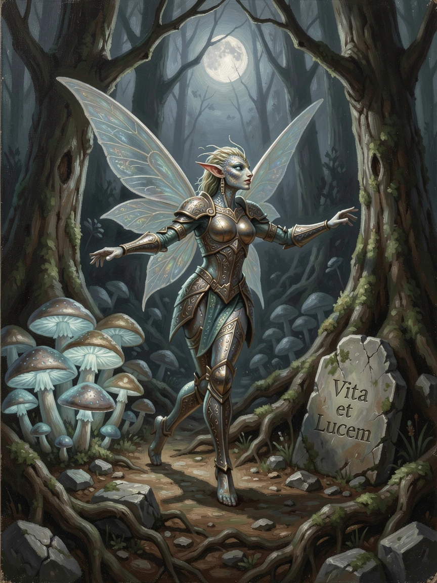 A shimmering fae creature dancing among glowing mushrooms in a moonlit forest, with intricate textures on armor, scales, or ancient stone, offering a breathtaking escape into a beautifully rendered fantasy world