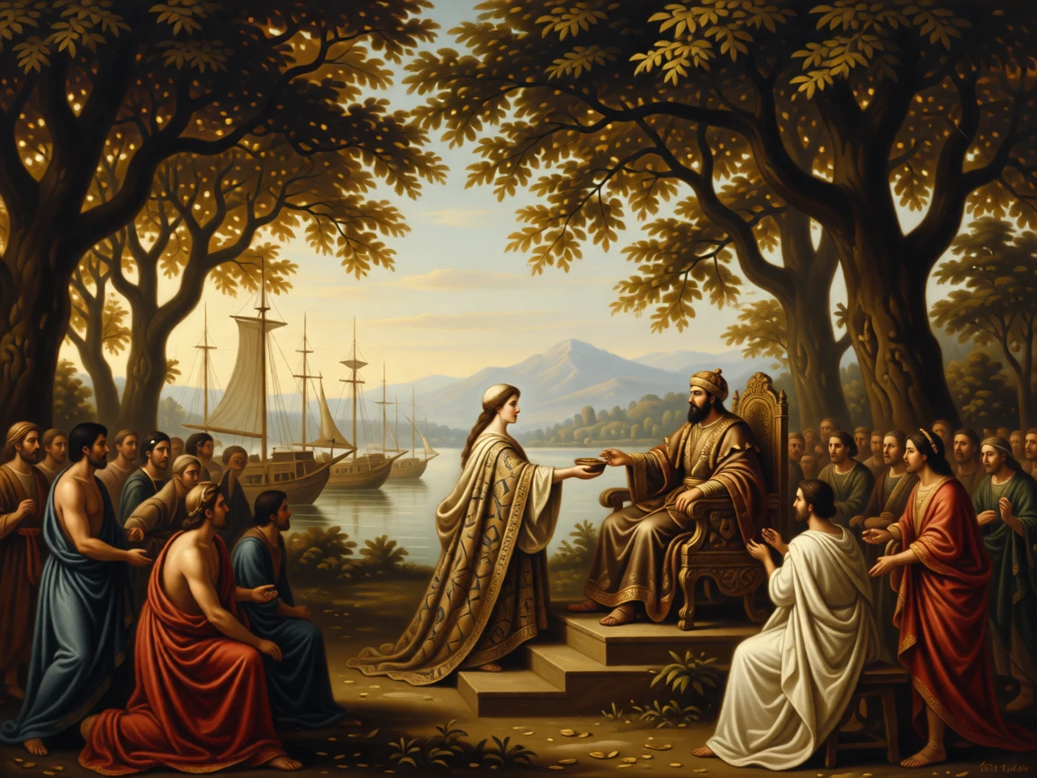 A Persian satrap presenting tribute to a seated emperor with every eye fixed on the unfolding drama, set beneath a canopy of ancient oaks in a sacred grove, with distant ships and mountains fading into a golden haze; sweeping drapery and gesture guide the eye across the whole scene, charged with heroic resolve and quiet foreboding.