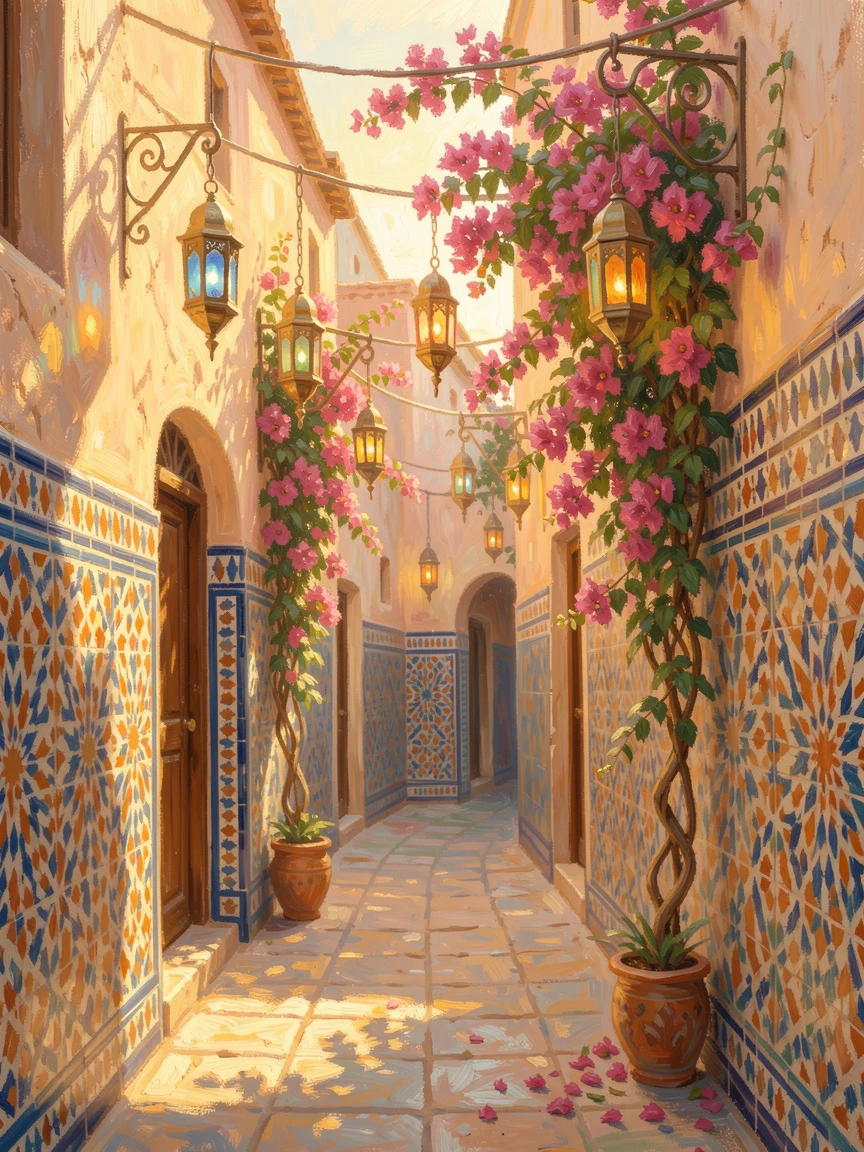 A hidden alley in Marrakech filled with mosaic tiles, hanging lanterns, and climbing bougainvillea, at golden sunrise.