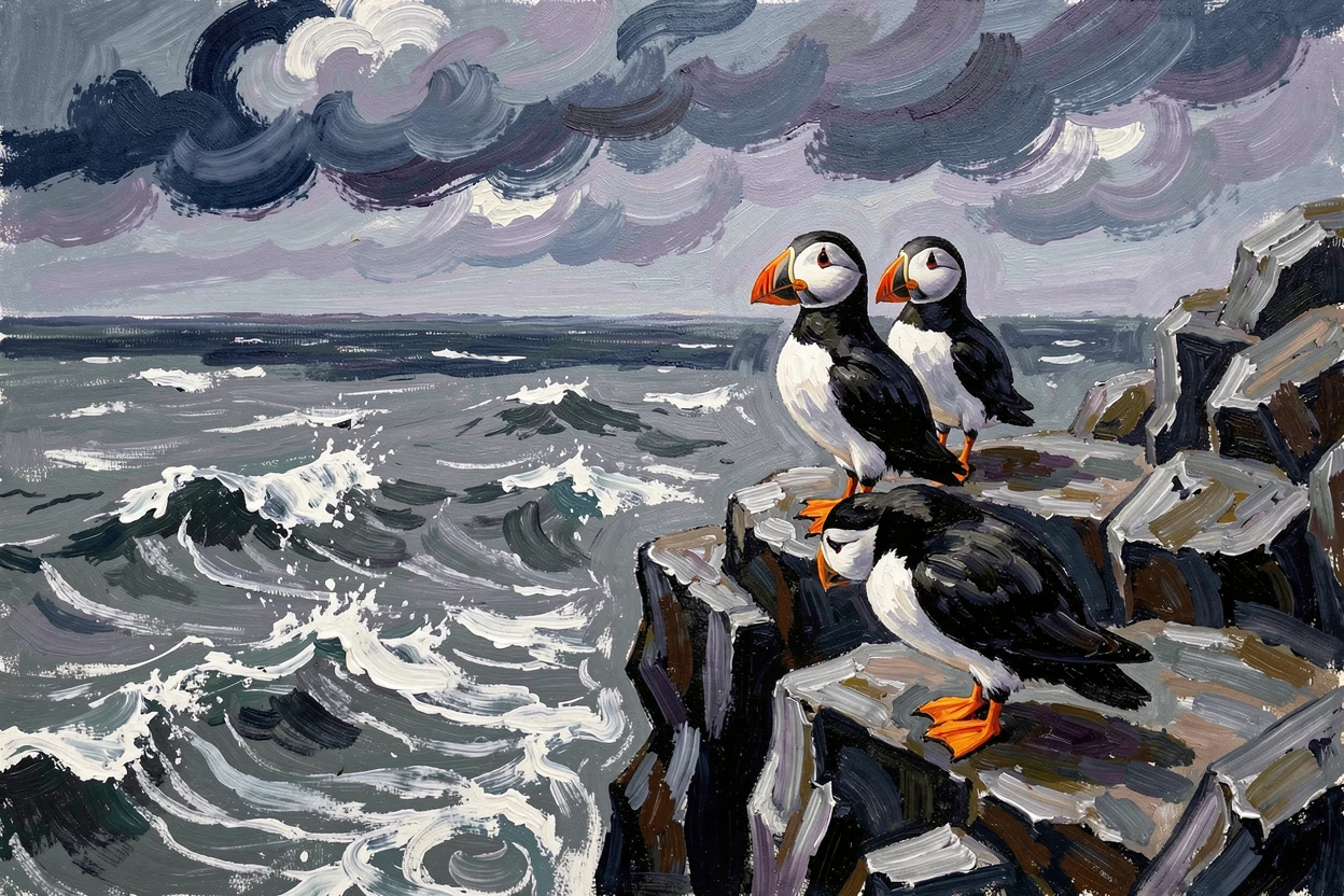 A pair of puffins standing on a rocky cliffside overlooking a churning grey sea.