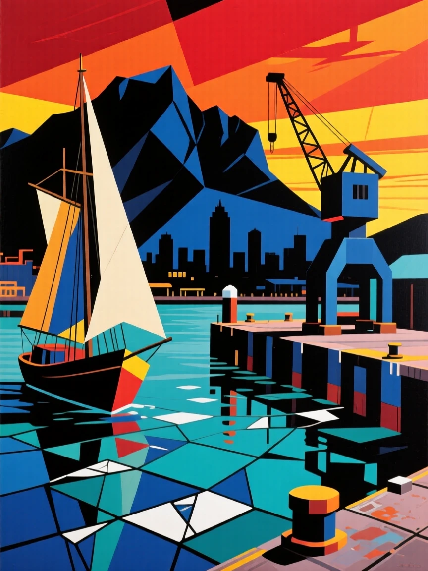 A breathtaking view of the harbor of Cape Town, silhouetted against a fiery evening sky.