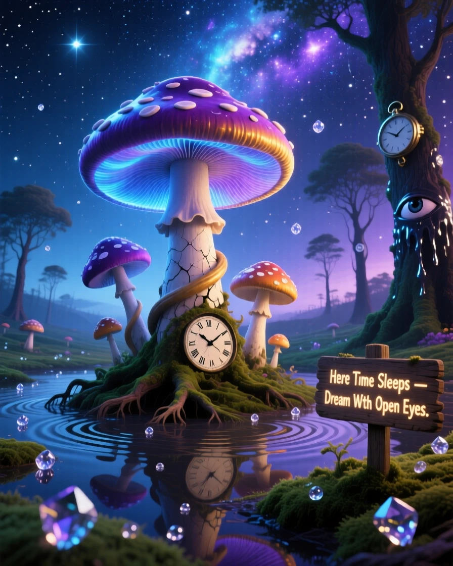 A mushroom ring glowing faintly under a starlit sky thrives quietly in a place untouched by time, while morning dew clings like small scattered jewels.