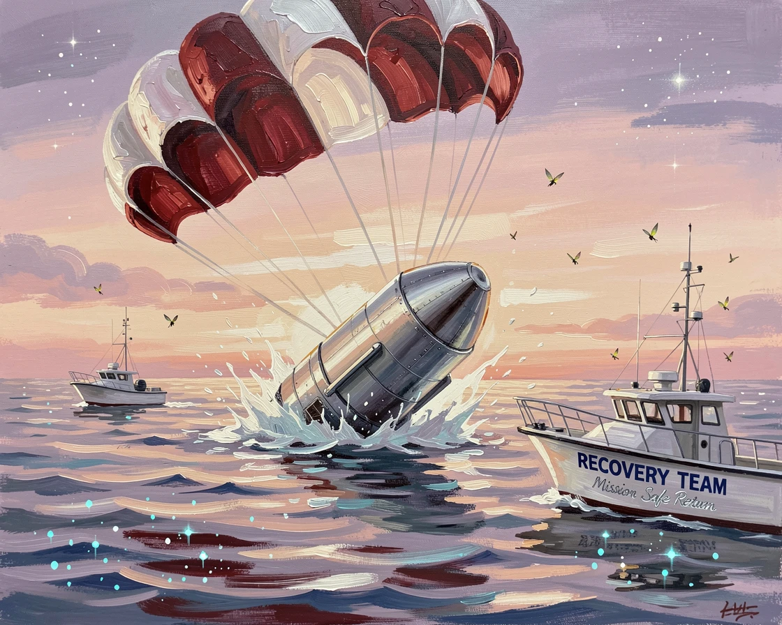 A space capsule splashes down in the ocean at dawn, parachutes billowing above as recovery boats approach through calm waters, small magical details scattered throughout the scene rewarding a closer look.