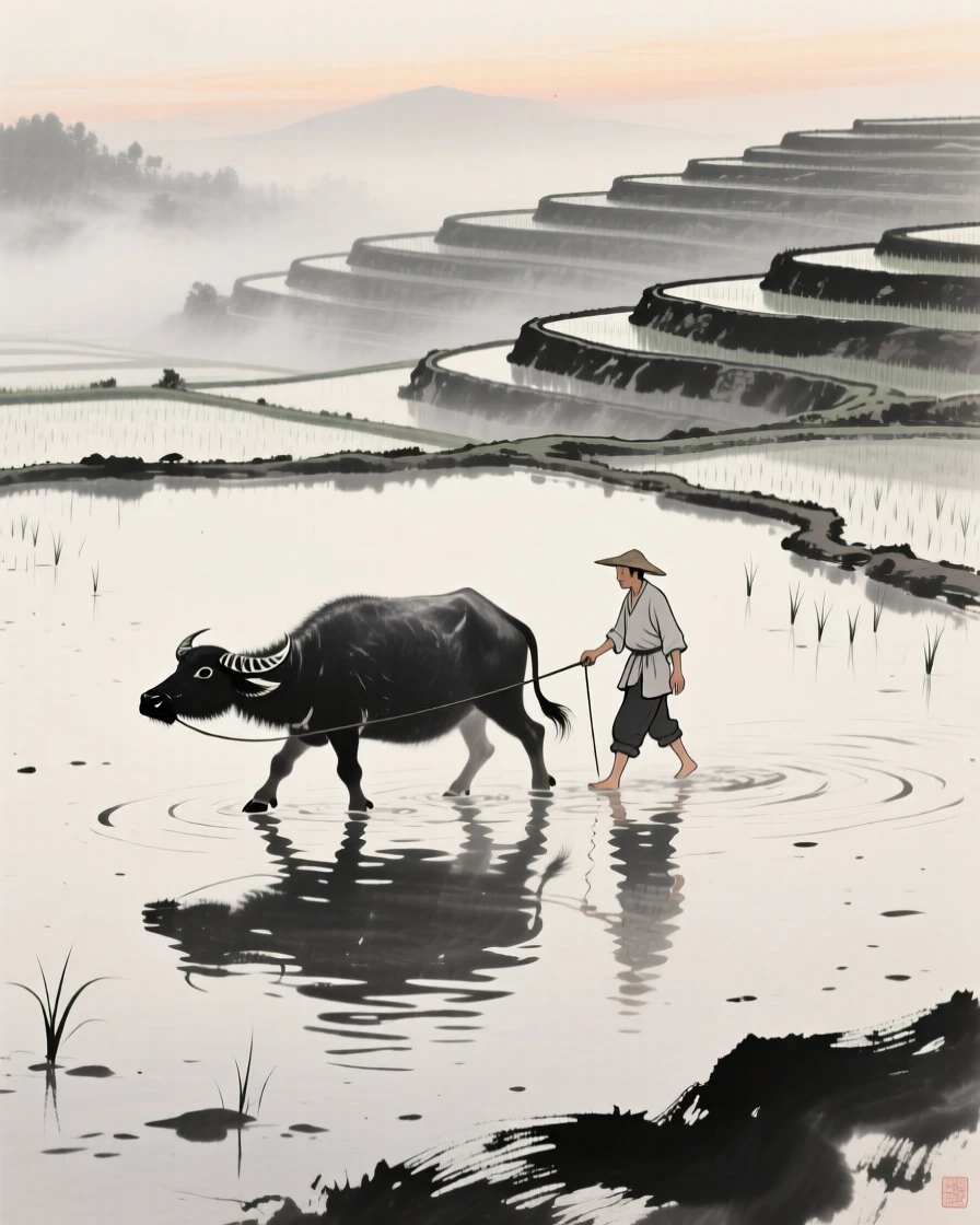 A farmer guides a water buffalo through a flooded rice paddy, as mist lingers over the surrounding terraces.