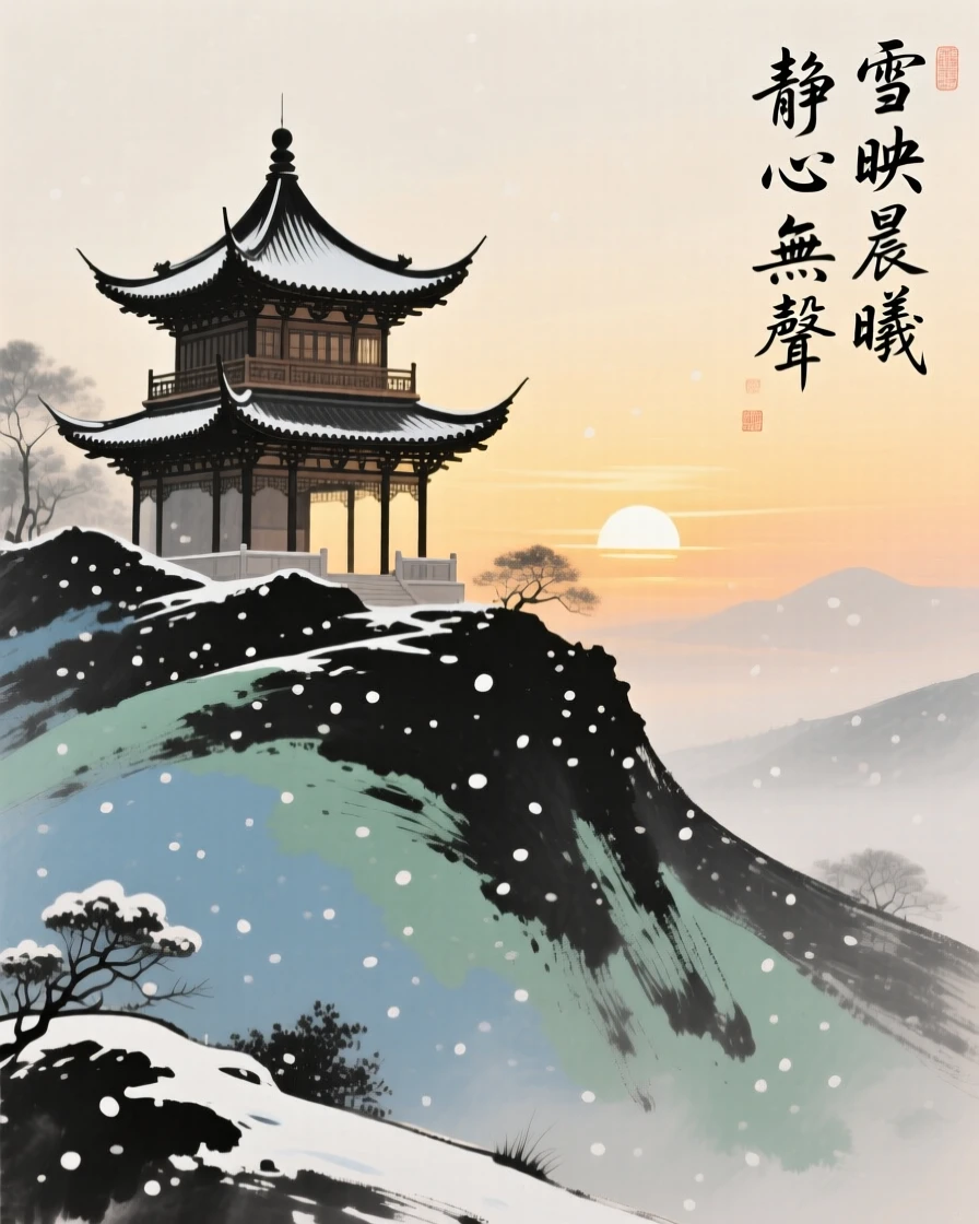 A hillside pagoda catching the last light of the setting sun, beneath softly falling snow, at dawn.