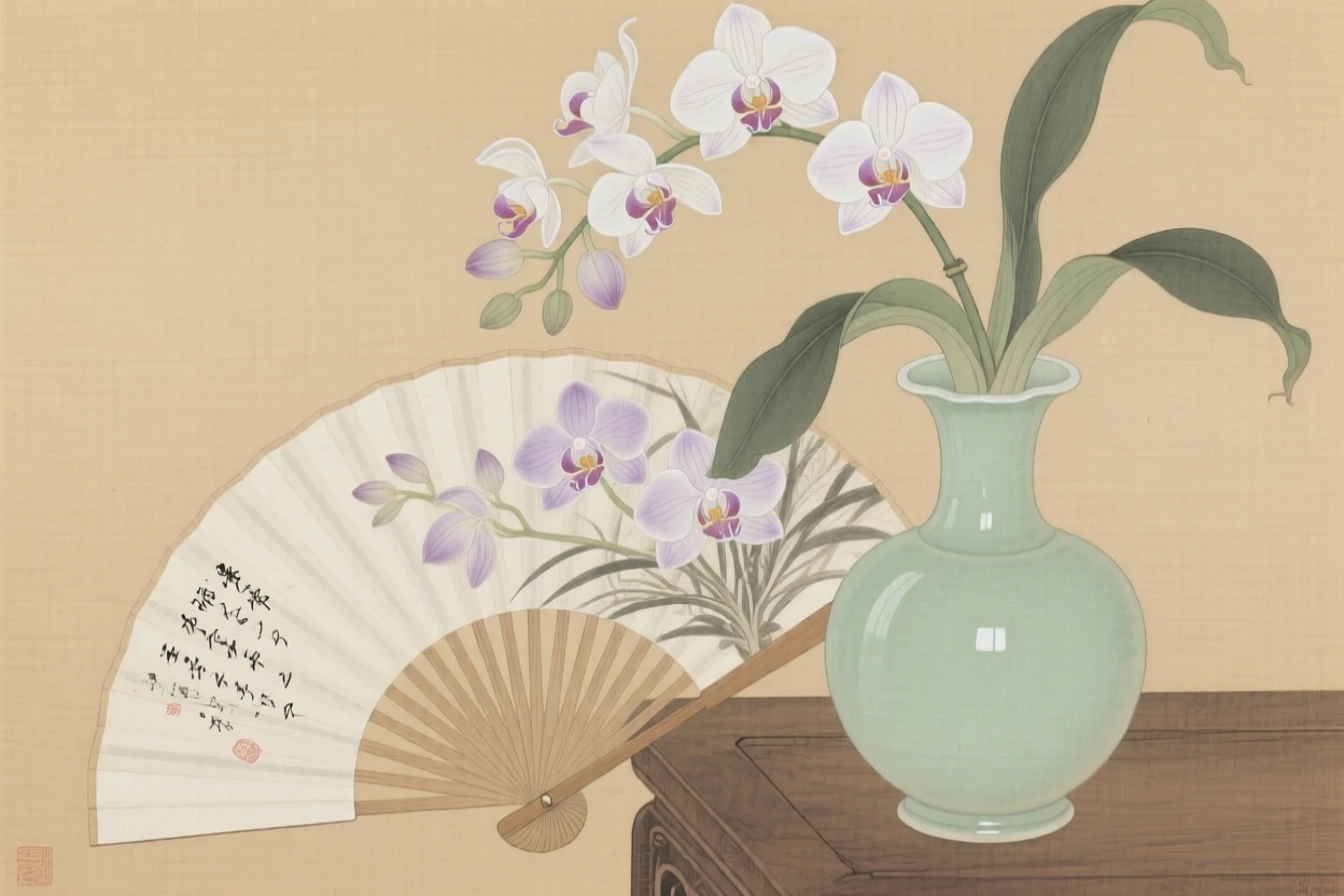 A folding fan resting beside a vase of orchids