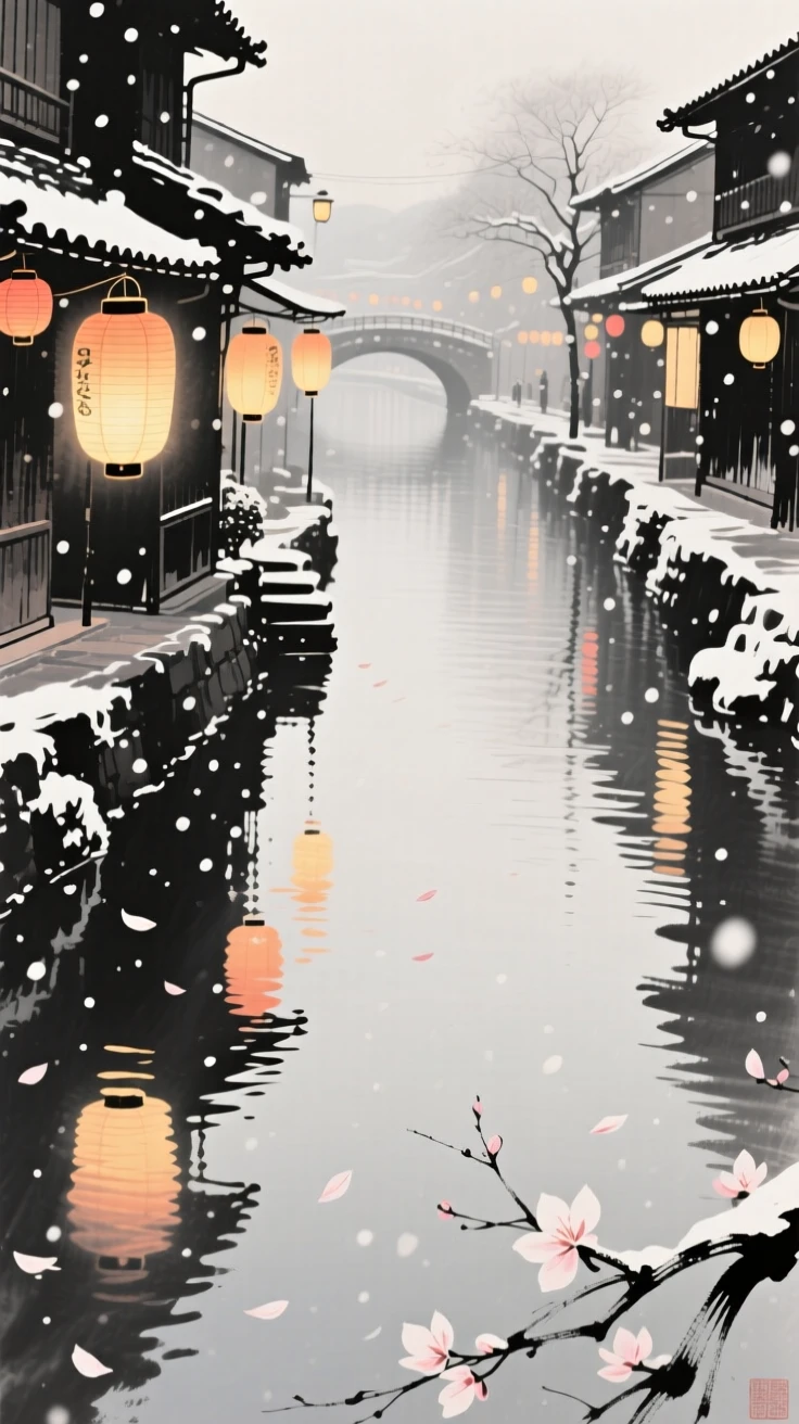A lantern festival reflected in a still canal along a lantern-lit street, framed through drifting petals or falling snow for depth, carrying a joyful yet peaceful atmosphere.