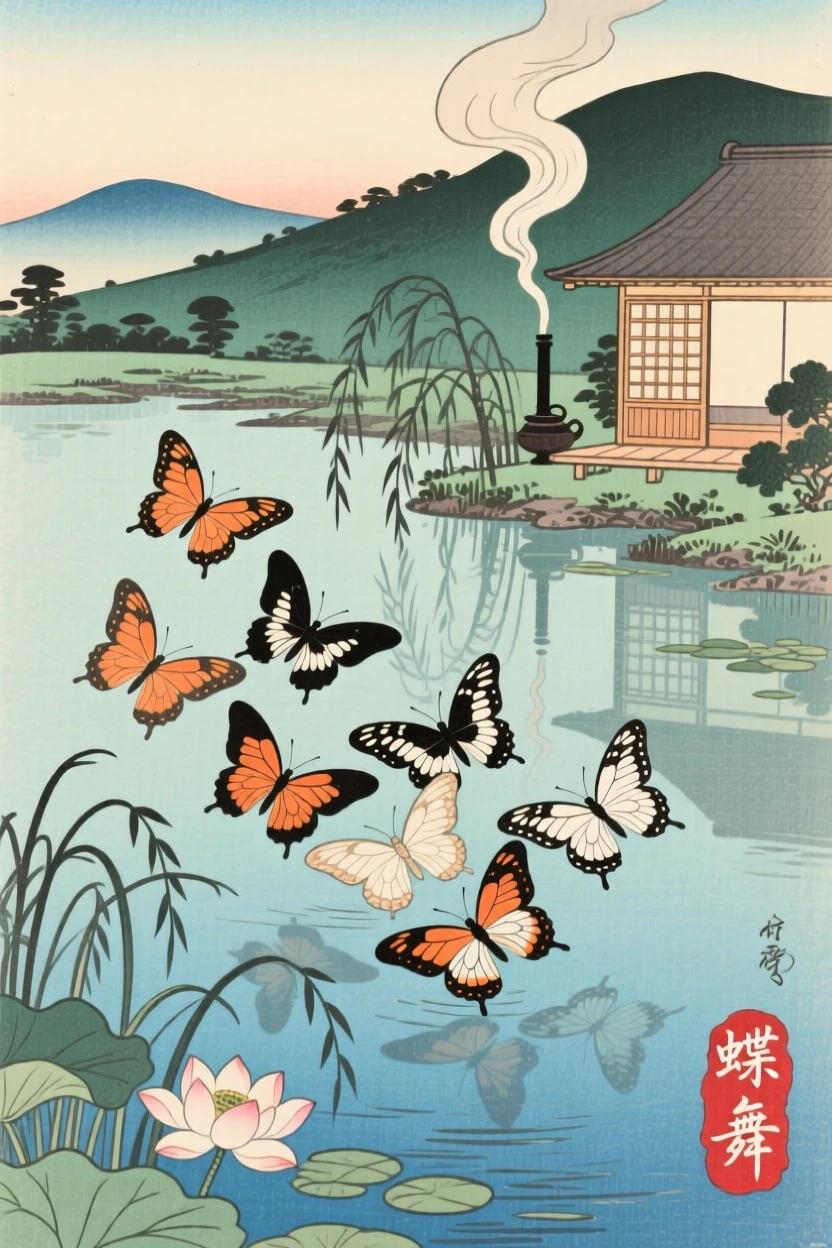 A cluster of butterflies floating together on a still pond.