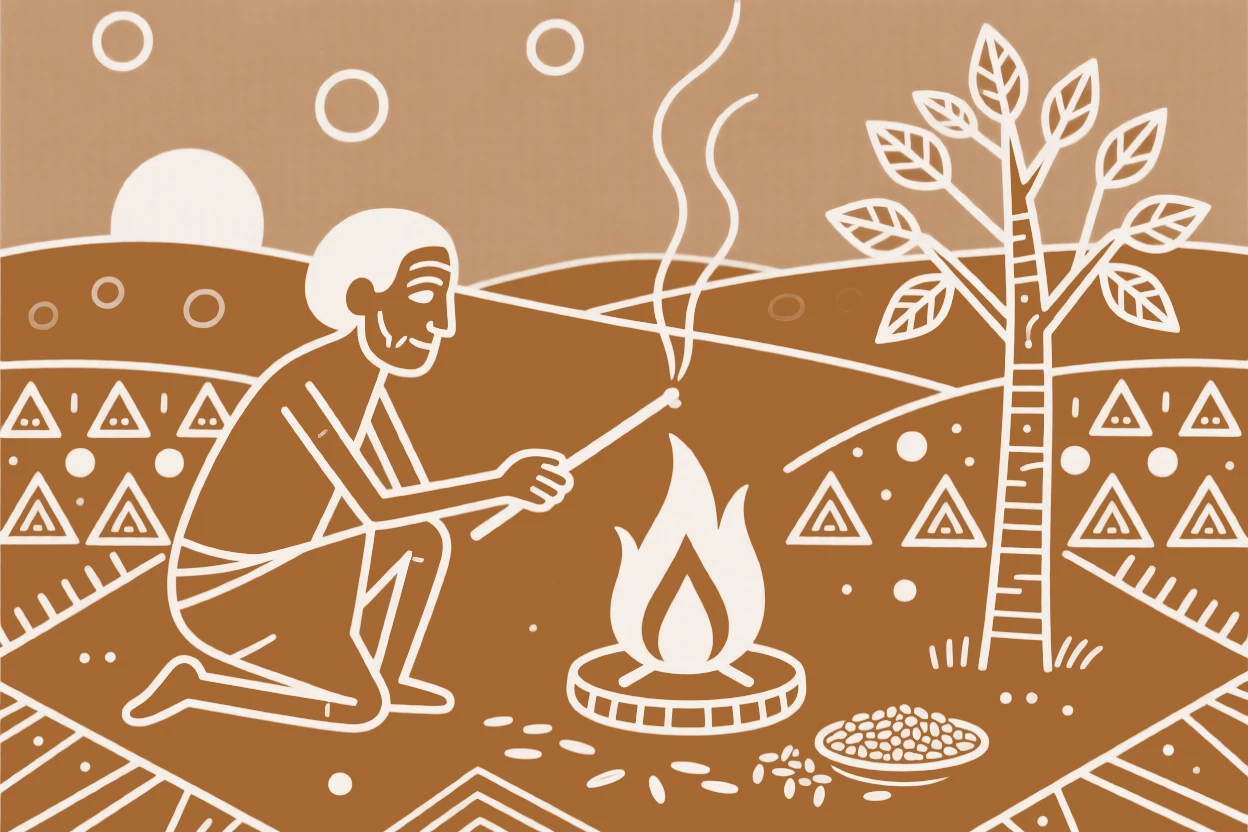 An elder lighting a sacred fire during a quiet dawn ritual.