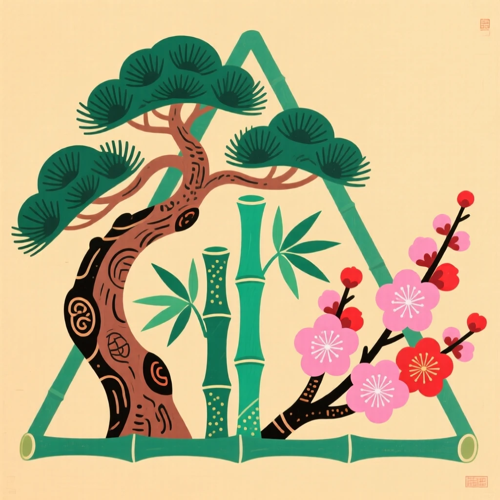 A pine, bamboo, and plum blossom arranged together, representing steadfastness through hardship.