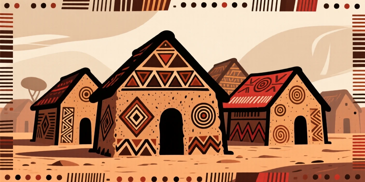 A cluster of mud-brick homes painted with geometric patterns.
