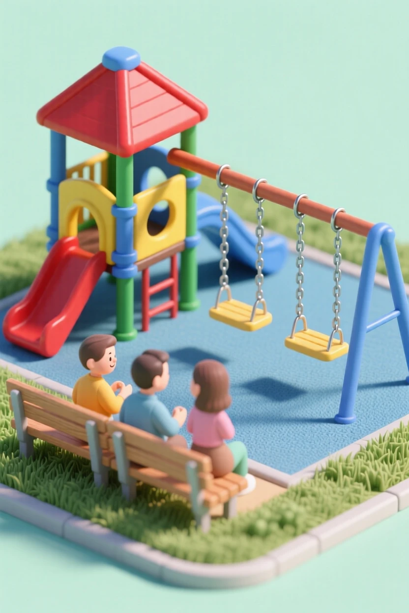 A quaint children's playground with a colorful jungle gym, swings in motion, and parents chatting on nearby benches.