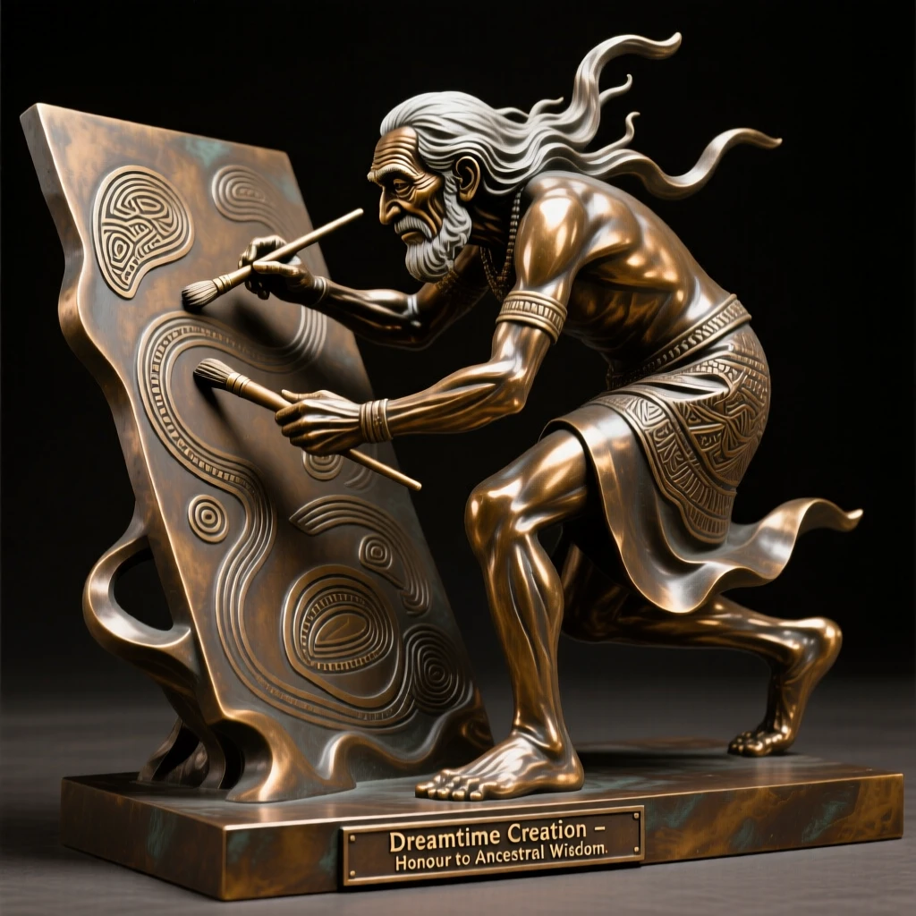 An aboriginal elder painting a dreamtime story, captured in dramatic, dynamic motion, forming a strong central focal point