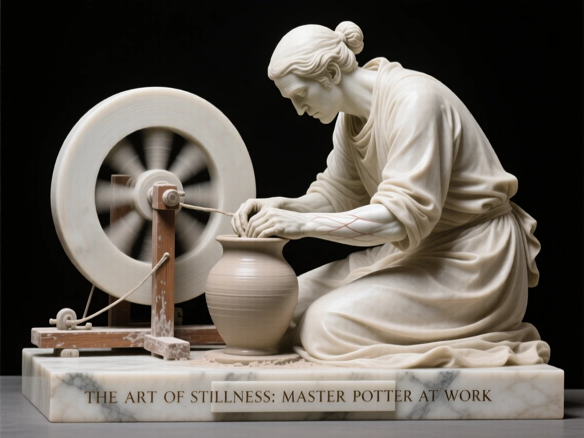 A beautifully composed image of a potter shaping clay on a spinning wheel, in a moment of quiet stillness, full of atmosphere and visual storytelling