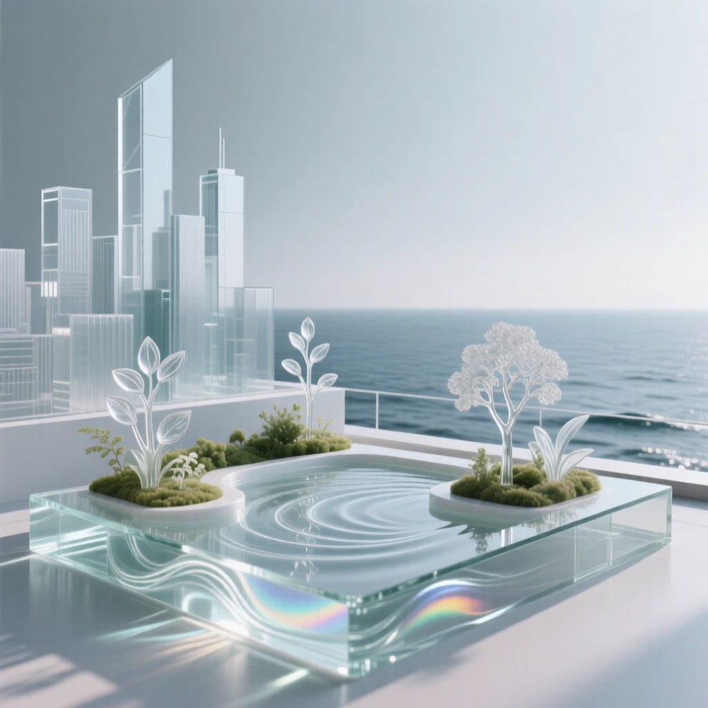 With the sea stretching endlessly beyond the horizon, a rooftop garden overlooking a sprawling city skyline