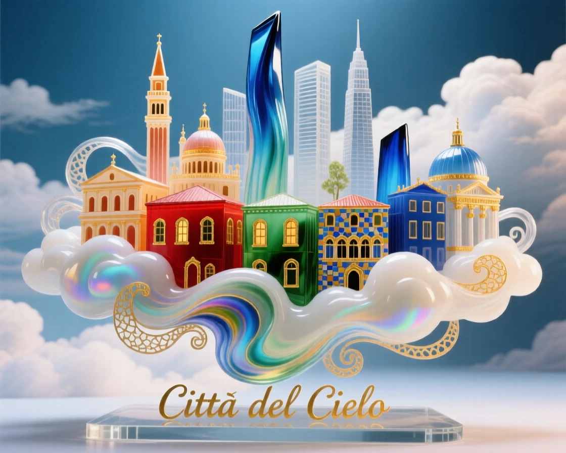 A city skyline floating gently among the clouds like a dream, surreal and awe-inspiring.