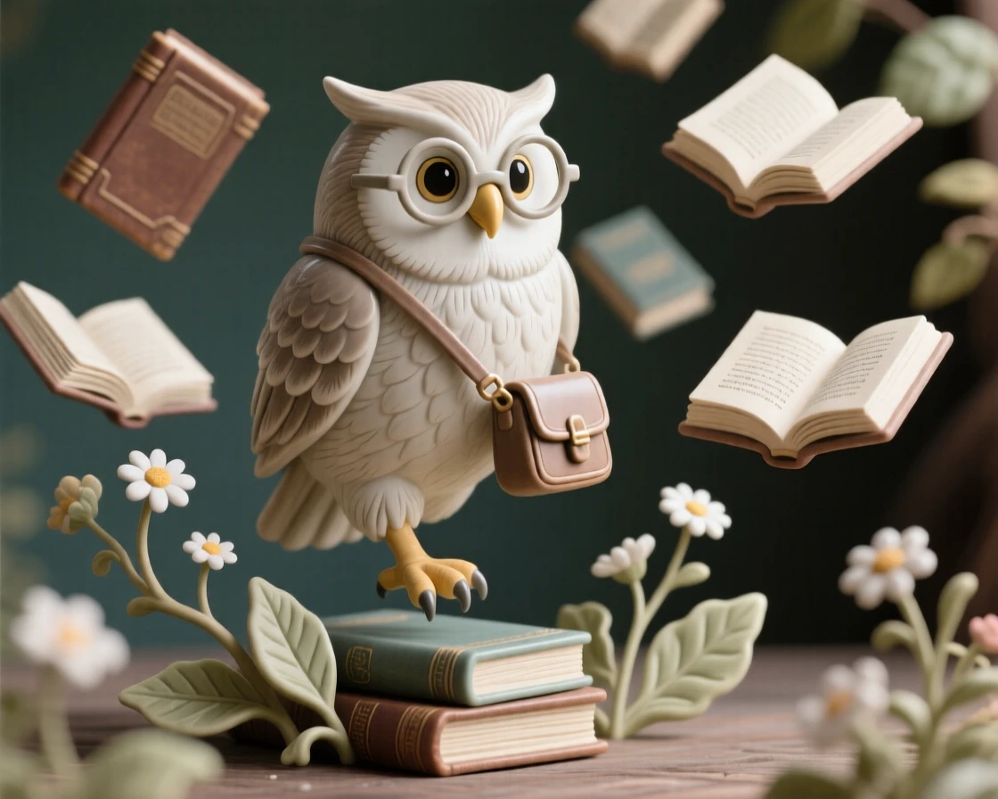 An owl librarian surrounded by tiny floating books caught mid-step on a whimsical journey, framed by miniature flowers and leaves, stirring nostalgic delight and warm laughter.