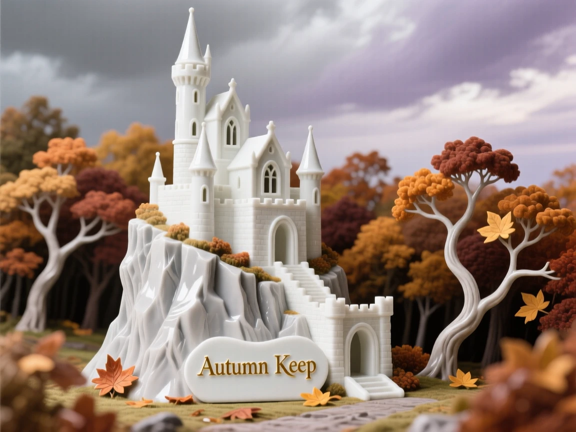 A cliffside castle surrounded by autumn forest, framed by a dramatic sky.
