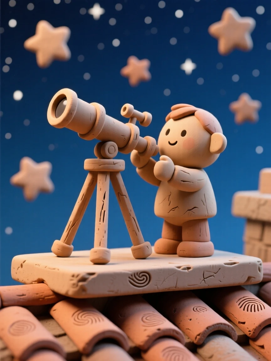 A telescope pointed toward a starry sky from a rooftop