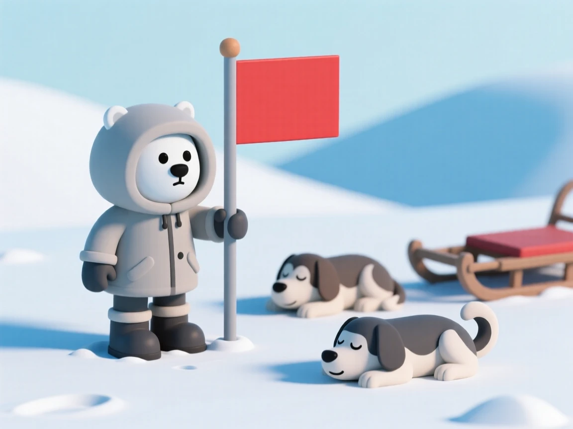A determined polar explorer plants a flag in deep snow, sled dogs resting nearby after a long trek.