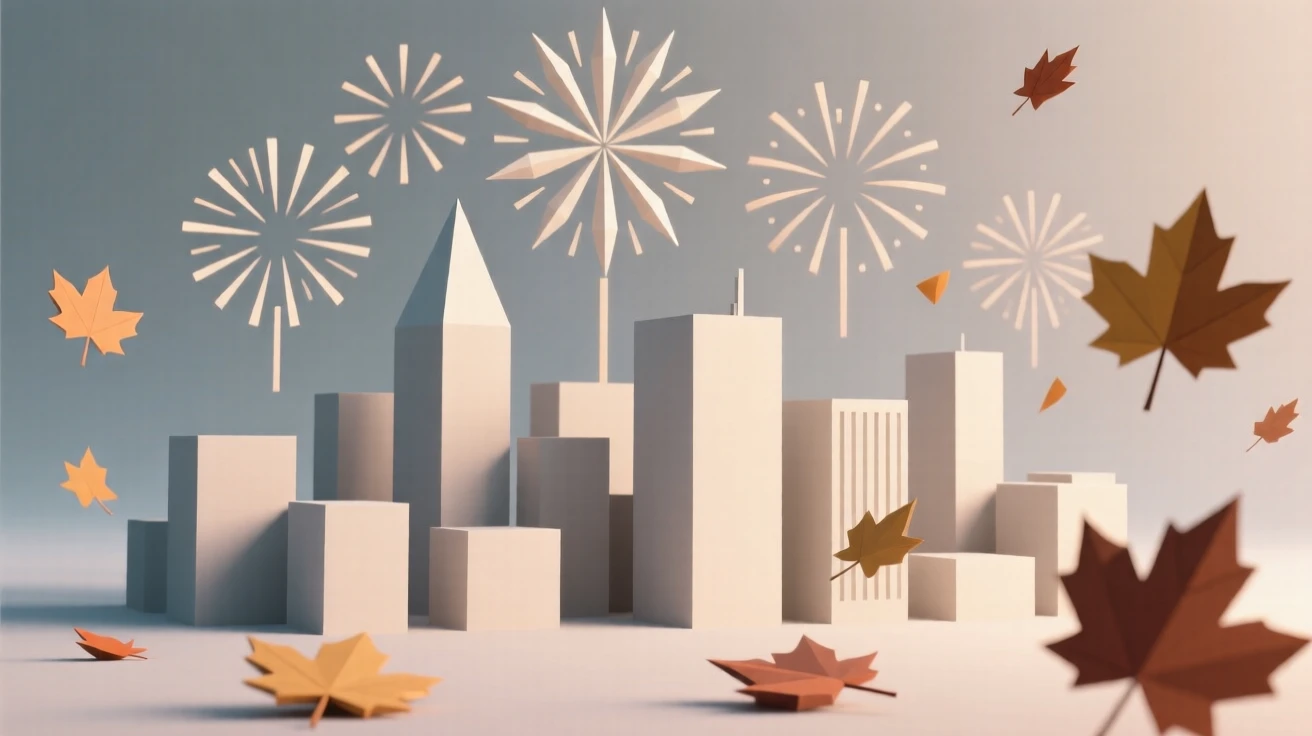 A vibrant fireworks display bursting over a city skyline, as autumn leaves drift through the air. soft light and gentle shadows add depth to the scene. The atmosphere radiates warmth and cheer.